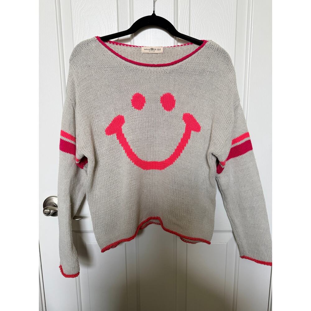 Natural Life Smiley Face Knit Sweater Gray Pink XS/S Cozy Graphic Pullover